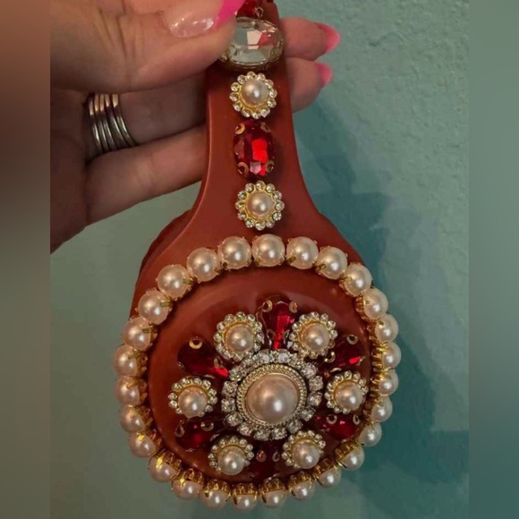 Heyday Accessories - heyday Red and Pearl Embellished Hand Mirror
